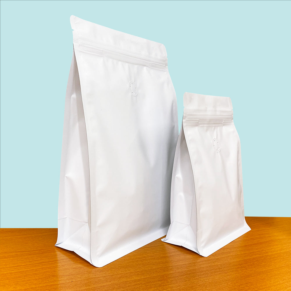 Flat Bottom Bags with Zipper Closure and Coffee Valve- Matt White