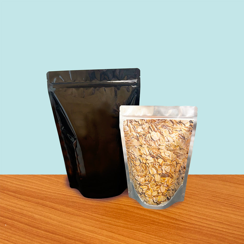 Stand Up Pouch with Zipper Closure Clear Front Gloss Black Back