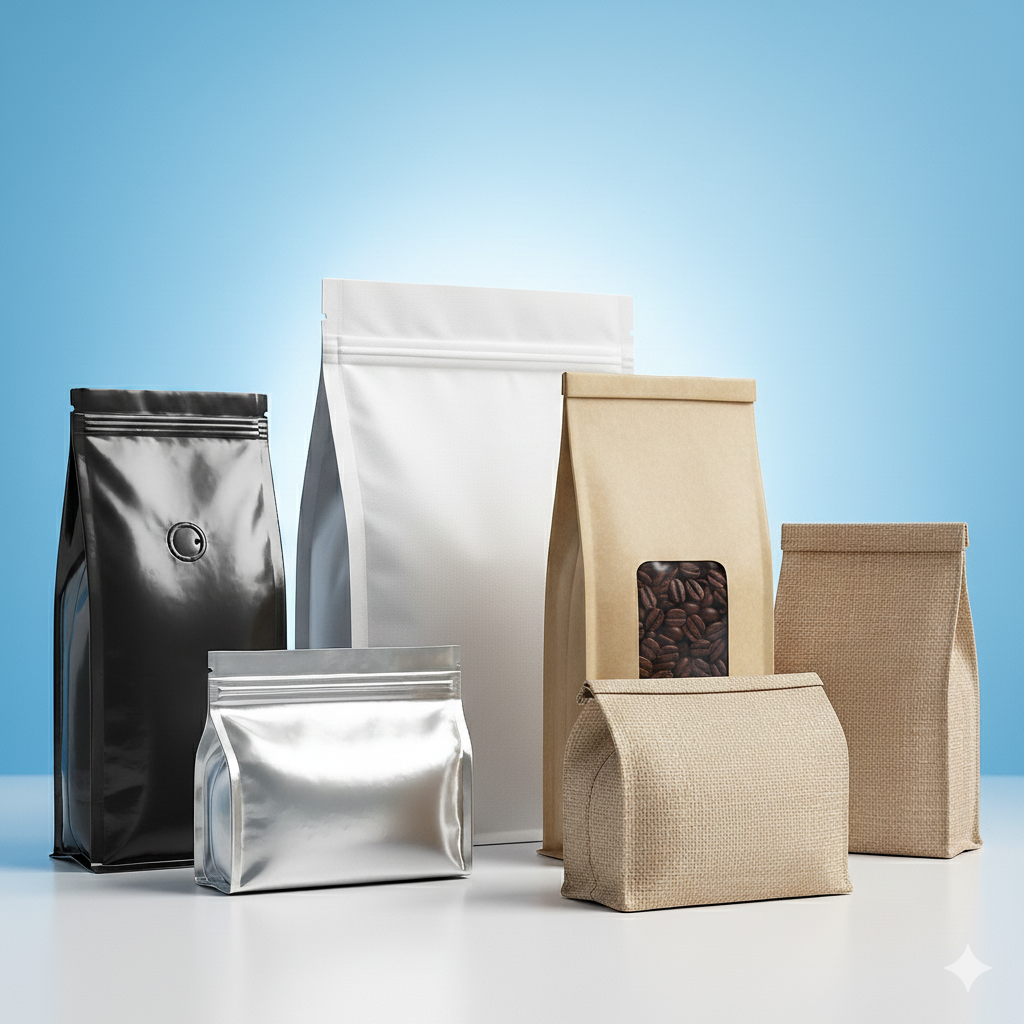 Matt White Flat Bottom Stand Up pouch with coffee valve