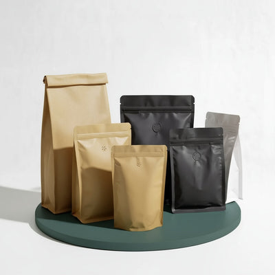 Matt White Flat Bottom Stand Up pouch with coffee valve