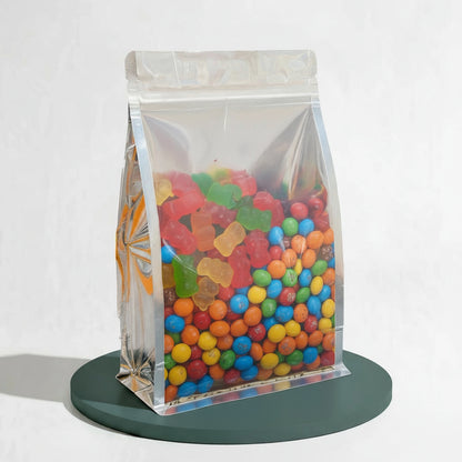 Flat Bottom Bags with Zipper Closure- Clear Front/ Shiny Silver Back