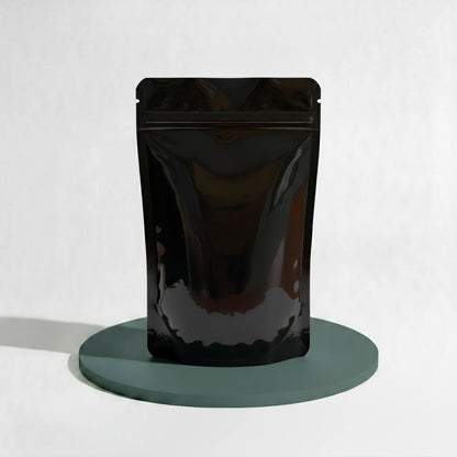 250g Stand Up Pouch with Zipper Closure and Valve - Gloss Black