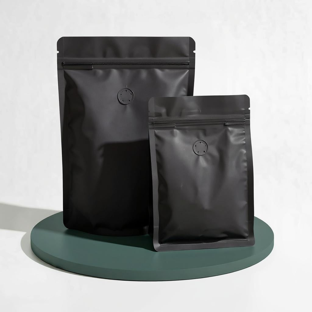 Flat Bottom Bags with Zipper Closure and Coffee Valve- Matt Black