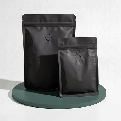 Flat Bottom Bags with Zipper Closure and Coffee Valve- Matt Black