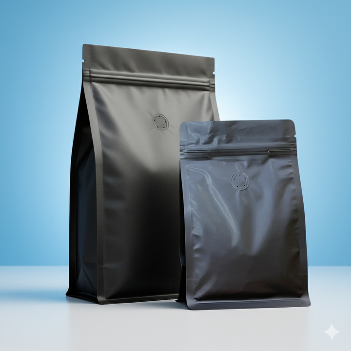 Flat Bottom Bags with Zipper Closure and Coffee Valve- Matt Black
