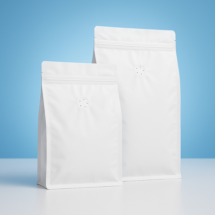 Flat Bottom Bags with Zipper Closure and Coffee Valve- Matt White