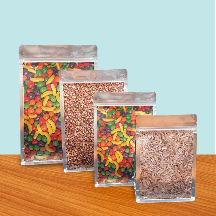 Flat Bottom Bags with Zipper Closure- Clear Front/ Shiny Silver Back