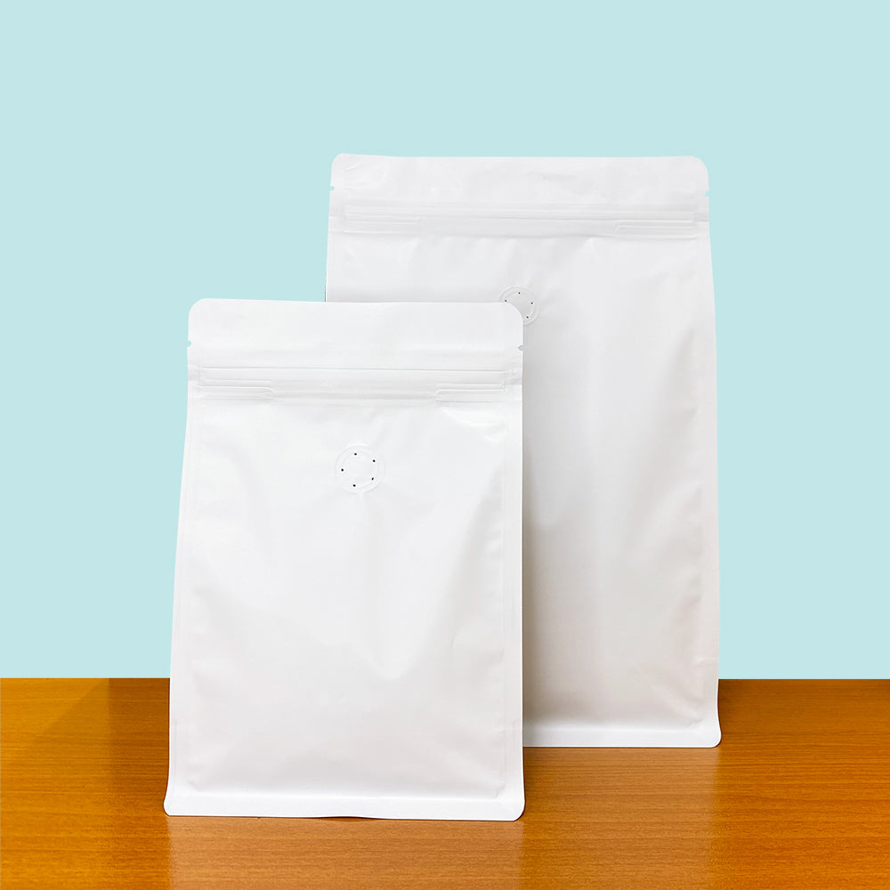 Flat Bottom Bags with Zipper Closure and Coffee Valve- Matt White