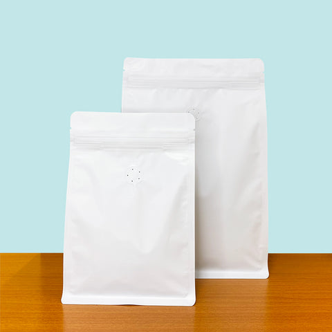 Flat Bottom Bags with Zipper Closure and Coffee Valve- Matt White