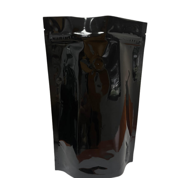 250g Stand Up Pouch with Valve & Square Corners - Gloss Black