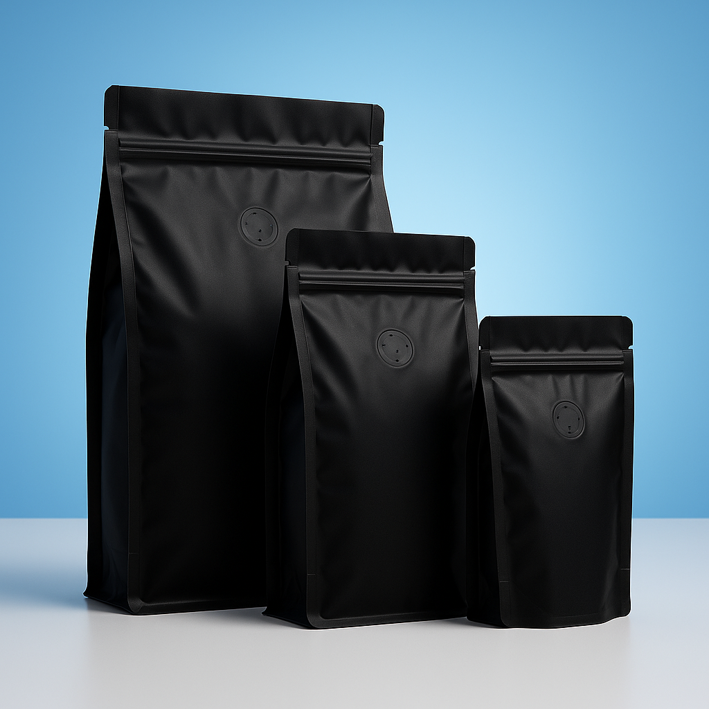 Stand Up Pouch with Zipper Closure and Coffee Valve - Matt Black