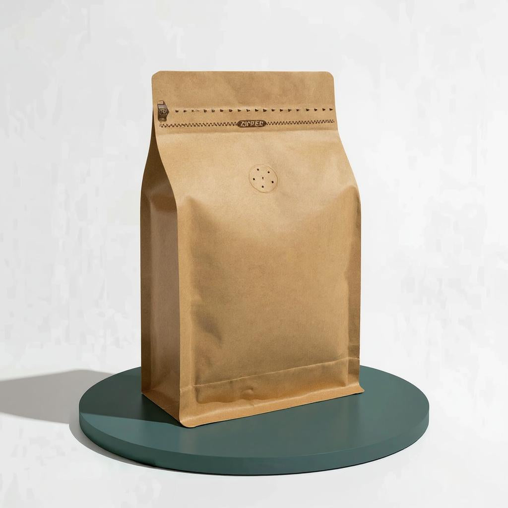 Flat Bottom Coffee Bag with Front Zipper Closure and Coffee Valve - Kraft Paper
