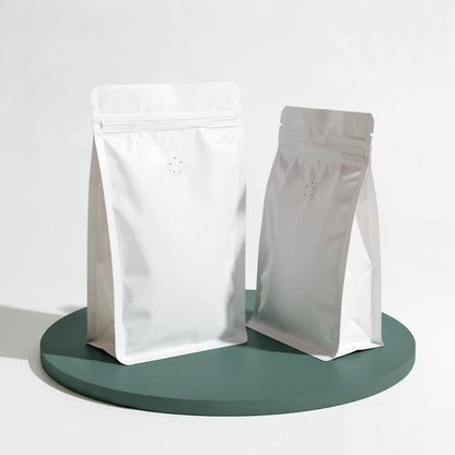 Flat Bottom Bags with Zipper Closure and Coffee Valve- Matt White