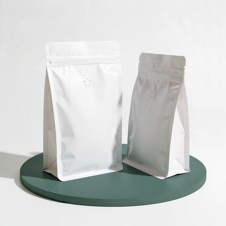 Flat Bottom Bags with Zipper Closure and Coffee Valve- Matt White