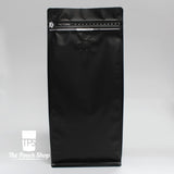 1Kg Flat Bottom Coffee Bag With Front Zipper Closure- Matt Black. Black With Valve Pouch