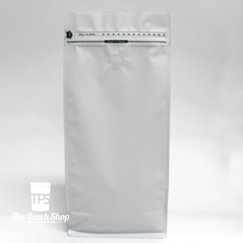 250G Flat Bottom Coffee Bag With Front Zipper- Matt White. White With Valve Pouch